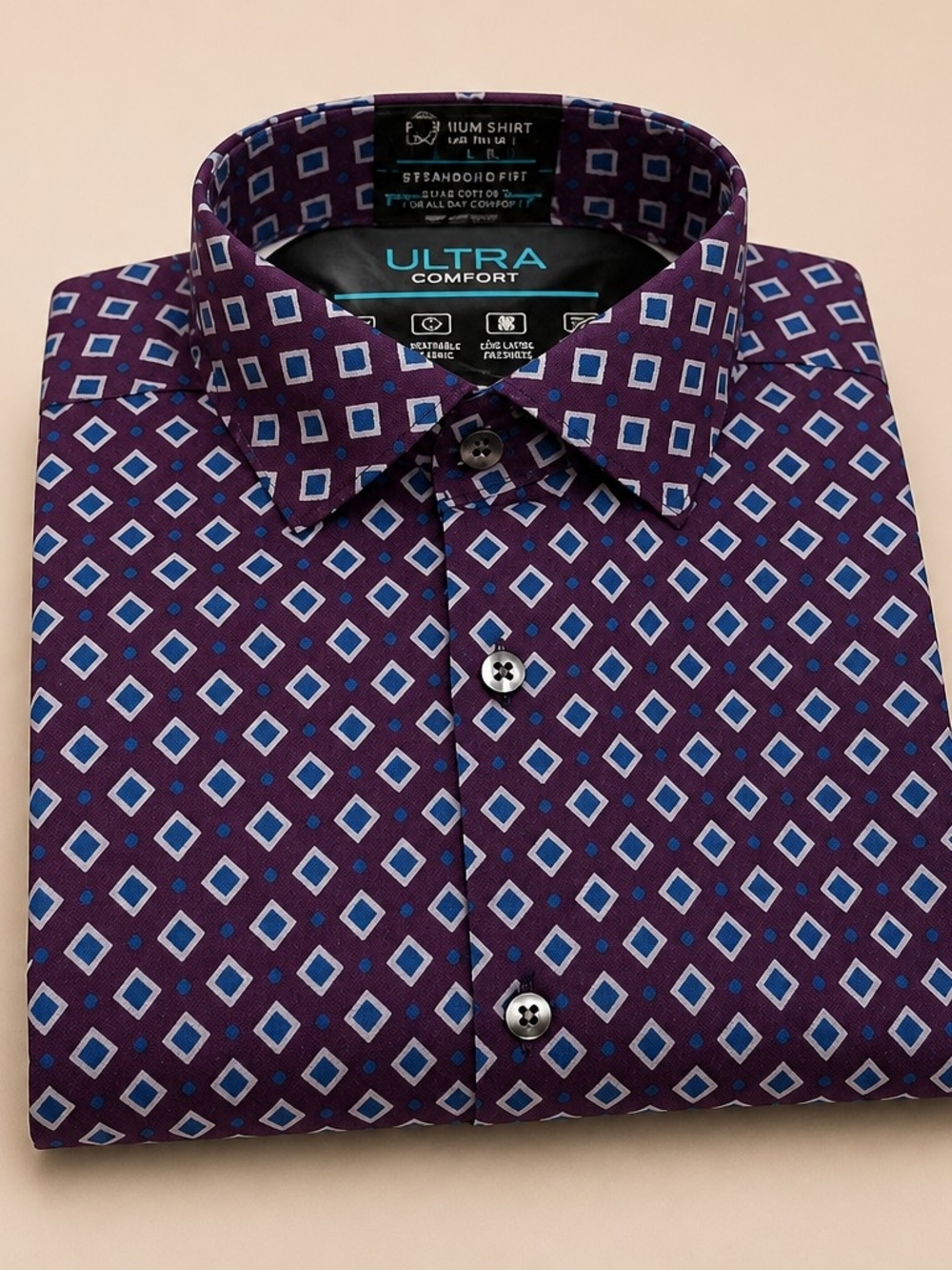 JF J.Ferrar Ultra Comfort Slim Fit Dress Shirt - Blue Purple Diamonds